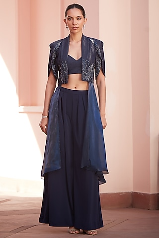 Imperial Blue Imported Twill & Glazed Organza Embroidered Flared Pant Set by CP by Chandini and Priyanka