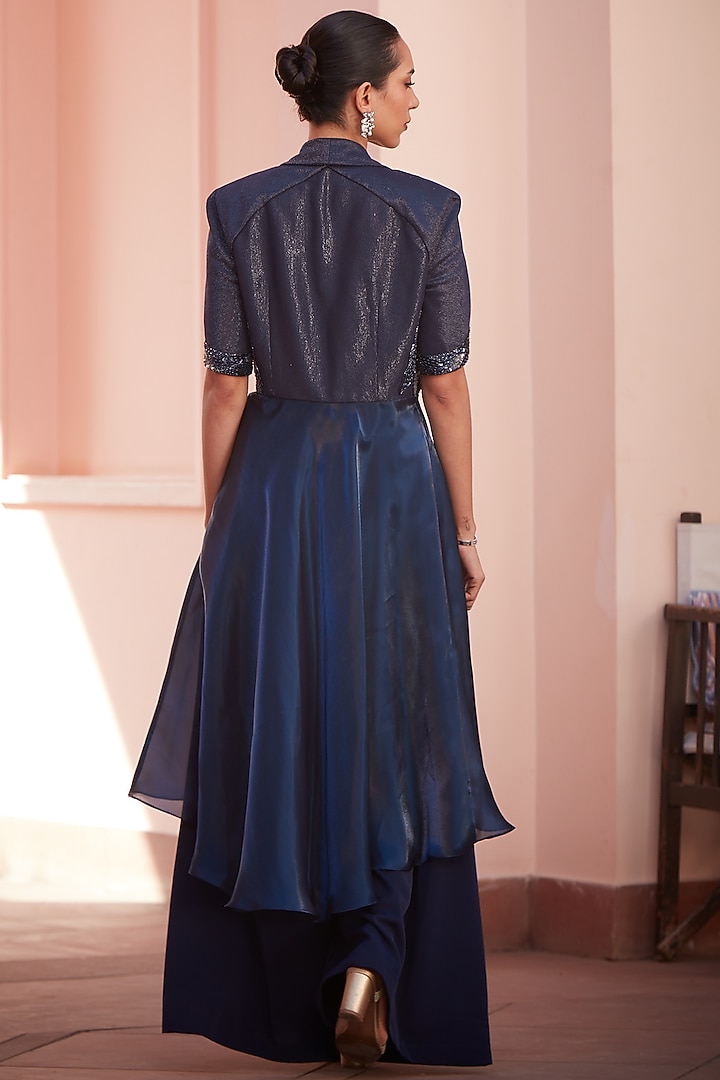 Imperial Blue Imported Twill & Glazed Organza Embroidered Flared Pant Set by CP by Chandini and Priyanka at Pernia's Pop Up Shop