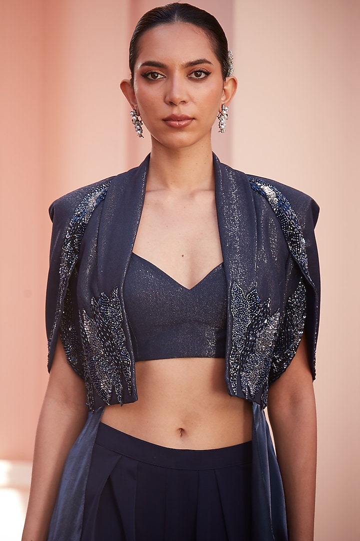 Imperial Blue Imported Twill & Glazed Organza Embroidered Flared Pant Set by CP by Chandini and Priyanka at Pernia's Pop Up Shop