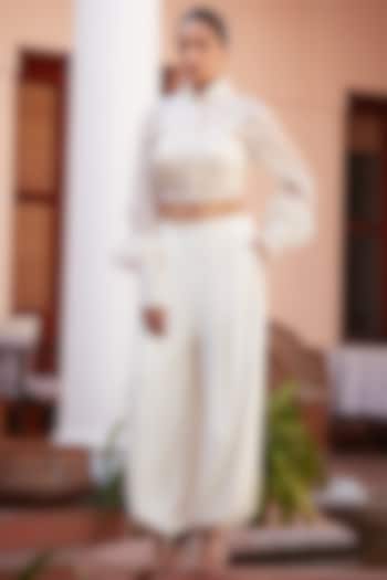 Ivory Imported Twill Embroidered Balloon Pant Set by CP by Chandini and Priyanka at Pernia's Pop Up Shop
