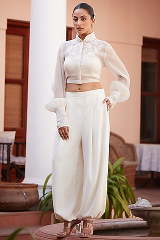 Ivory Imported Twill Embroidered Balloon Pant Set by CP by Chandini and Priyanka