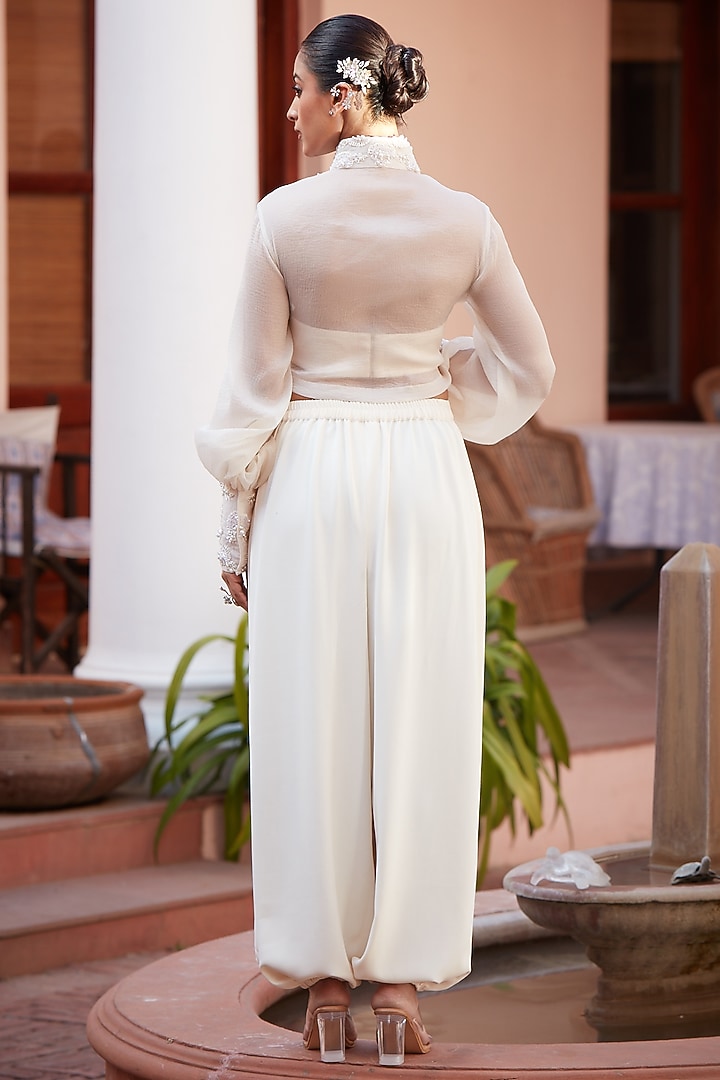 Ivory Imported Twill Embroidered Balloon Pant Set by CP by Chandini and Priyanka at Pernia's Pop Up Shop