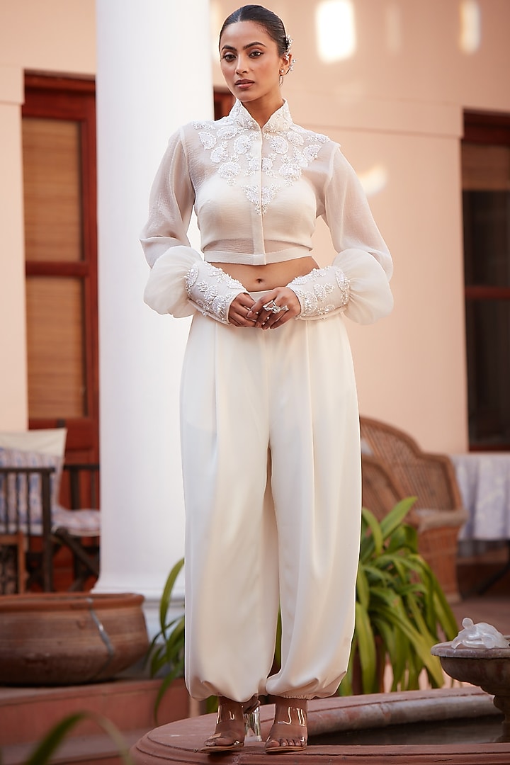 Ivory Imported Twill Embroidered Balloon Pant Set by CP by Chandini and Priyanka at Pernia's Pop Up Shop
