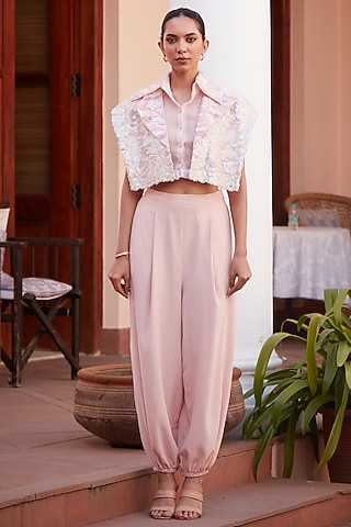 Blush Pink Imported Twill Embroidered Jacket Set by CP by Chandini and Priyanka