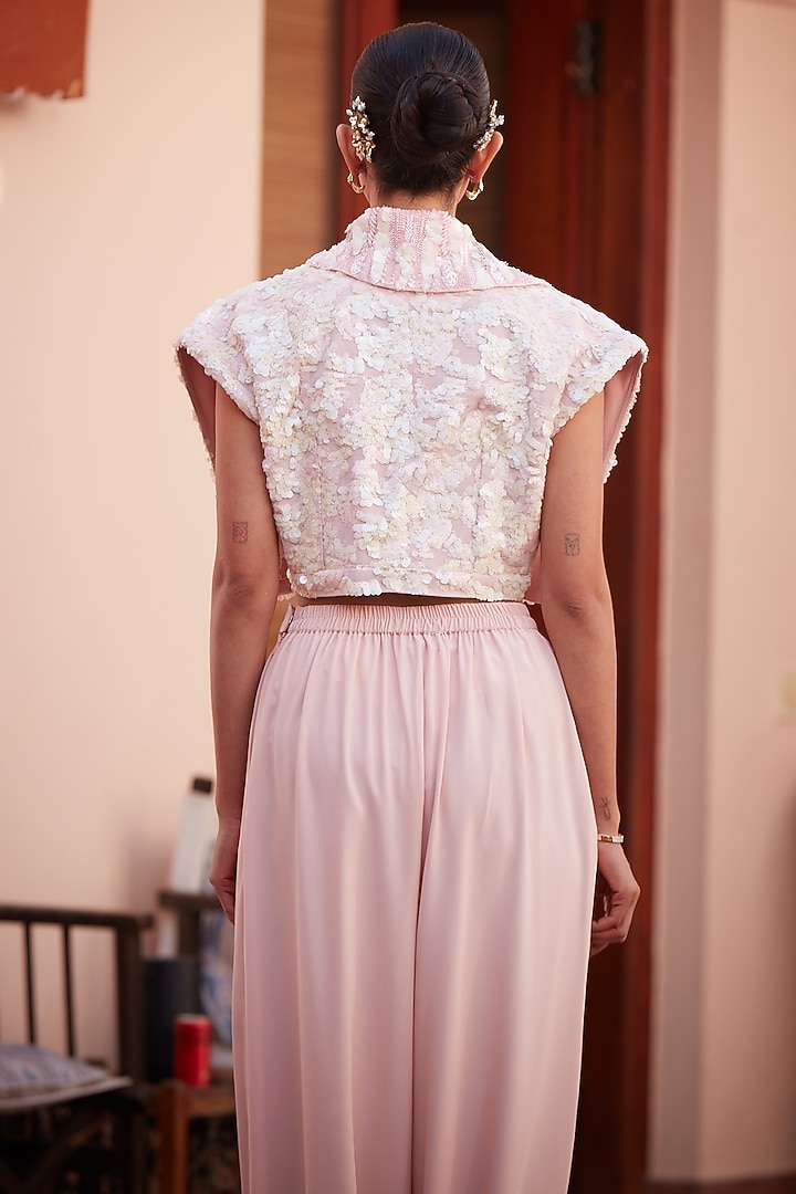 Blush Pink Imported Twill Embroidered Jacket Set by CP by Chandini and Priyanka at Pernia's Pop Up Shop
