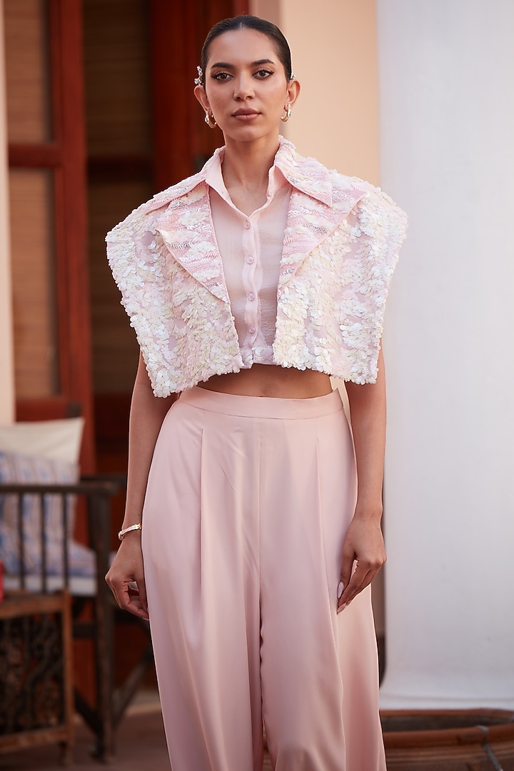 Blush Pink Imported Twill Embroidered Jacket Set by CP by Chandini and Priyanka at Pernia's Pop Up Shop