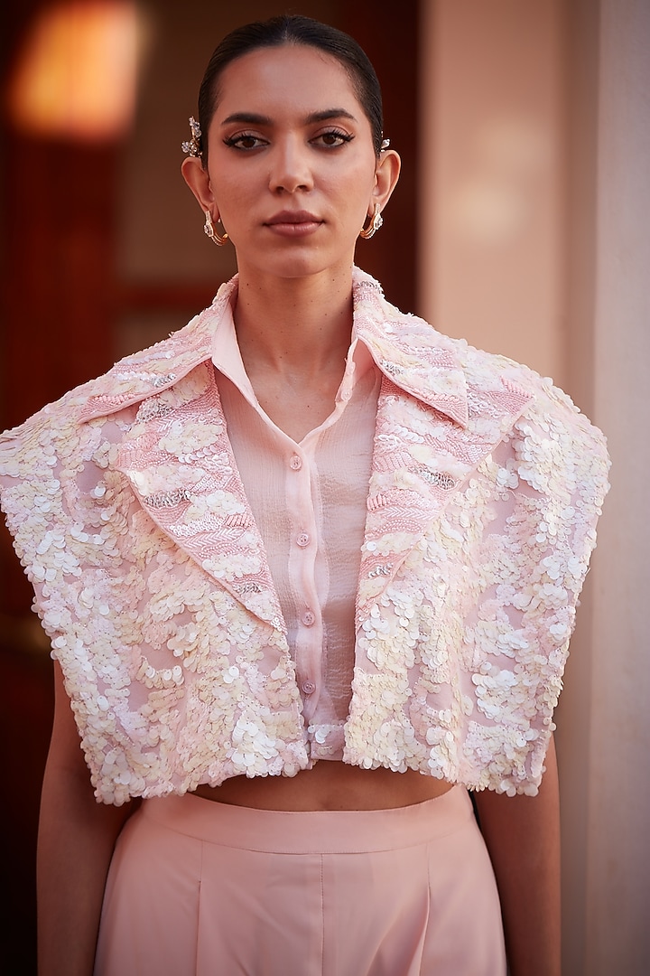 Blush Pink Imported Twill Embroidered Jacket Set by CP by Chandini and Priyanka at Pernia's Pop Up Shop