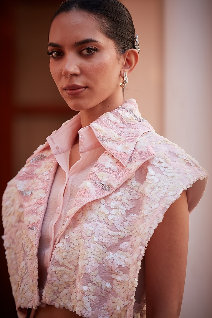 Blush Pink Imported Twill Embroidered Jacket Set by CP by Chandini and Priyanka at Pernia's Pop Up Shop