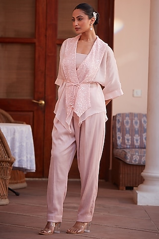 Blush Pink Chiffon Organza Embroidered Tulip Pant Set by CP by Chandini and Priyanka