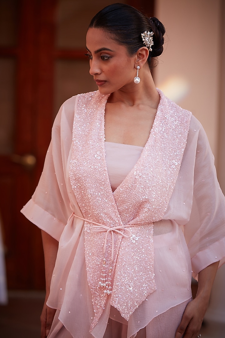 Blush Pink Chiffon Organza Embroidered Tulip Pant Set by CP by Chandini and Priyanka at Pernia's Pop Up Shop