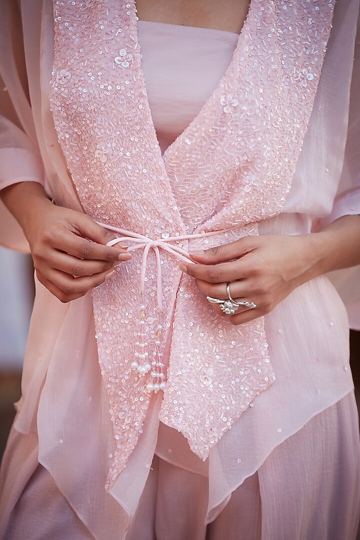 Blush Pink Chiffon Organza Embroidered Tulip Pant Set by CP by Chandini and Priyanka at Pernia's Pop Up Shop