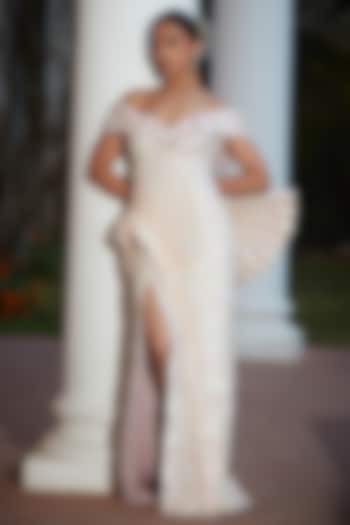 Blush Pink Sequins Lycra Embellished Off-Shoulder Engagement Gown by CP by Chandini and Priyanka at Pernia's Pop Up Shop