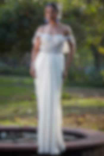 Ivory Imported Satin & Chiffon Organza Draped Wedding Gown Saree by CP by Chandini and Priyanka at Pernia's Pop Up Shop