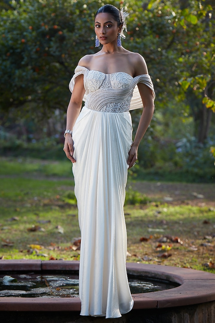 Ivory Imported Satin & Chiffon Organza Draped Wedding Gown Saree by CP by Chandini and Priyanka at Pernia's Pop Up Shop