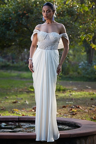 Ivory Imported Satin & Chiffon Organza Draped Gown Saree by CP by Chandini and Priyanka