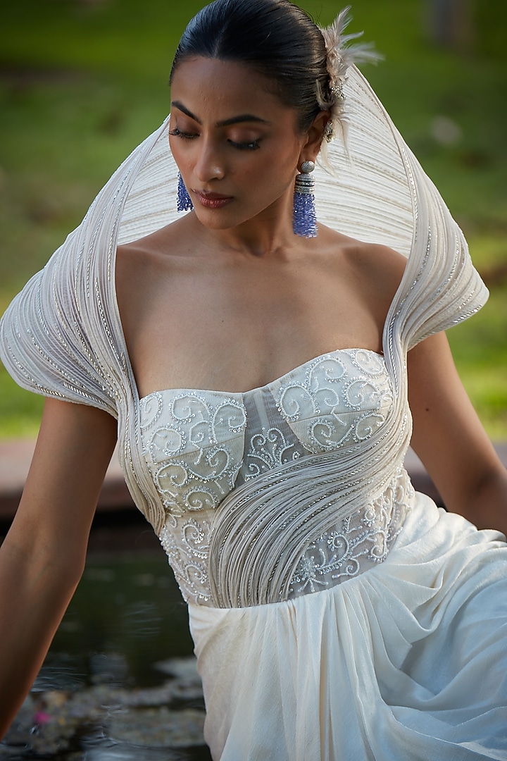 Ivory Imported Satin & Chiffon Organza Draped Wedding Gown Saree by CP by Chandini and Priyanka at Pernia's Pop Up Shop