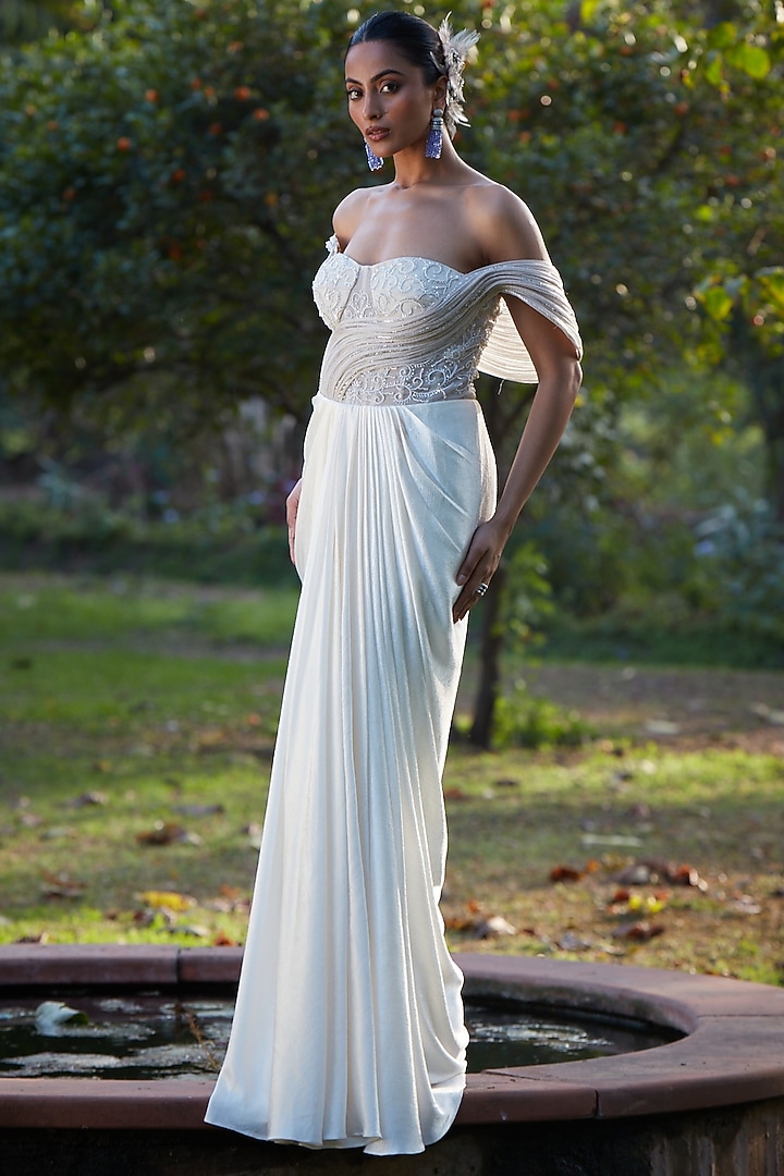 Ivory Imported Satin & Chiffon Organza Draped Wedding Gown Saree by CP by Chandini and Priyanka at Pernia's Pop Up Shop