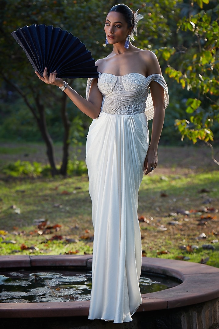 Ivory Imported Satin & Chiffon Organza Draped Wedding Gown Saree by CP by Chandini and Priyanka at Pernia's Pop Up Shop