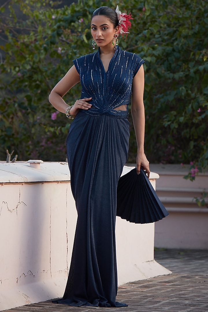 Imperial Blue Imported Lycra Embroidered Draped Wedding Gown Saree by CP by Chandini and Priyanka at Pernia's Pop Up Shop