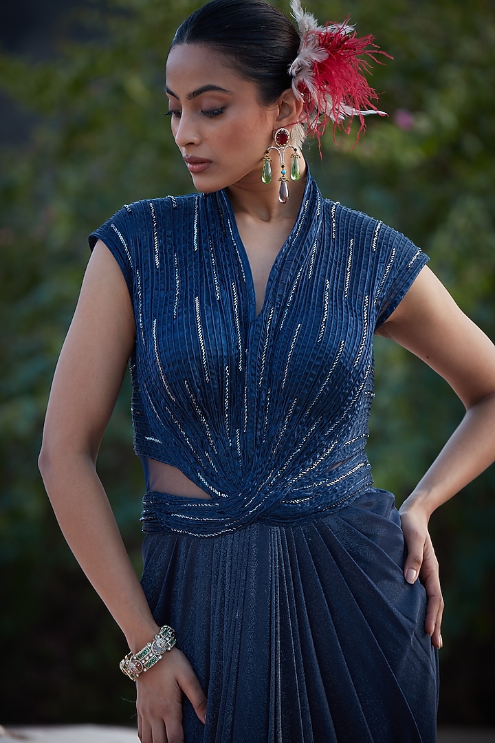 Imperial Blue Imported Lycra Embroidered Draped Wedding Gown Saree by CP by Chandini and Priyanka at Pernia's Pop Up Shop