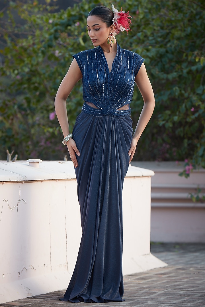 Imperial Blue Imported Lycra Embroidered Draped Wedding Gown Saree by CP by Chandini and Priyanka at Pernia's Pop Up Shop