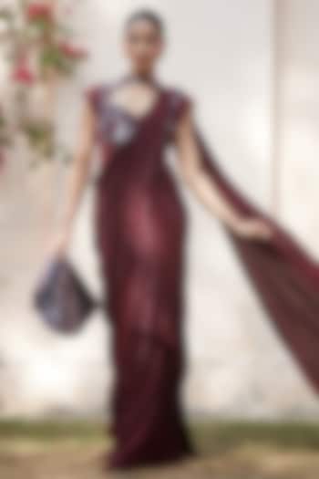 Wine Imported Metallic Lycra Embroidered Wedding Gown Saree by CP by Chandini and Priyanka at Pernia's Pop Up Shop