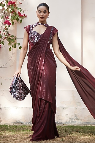 Wine Imported Metallic Lycra Embroidered Gown Saree by CP by Chandini and Priyanka