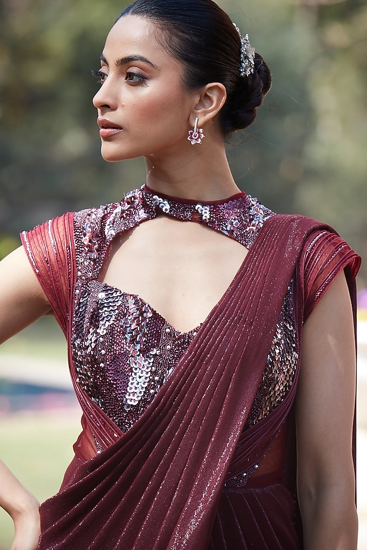 Wine Imported Metallic Lycra Embroidered Wedding Gown Saree by CP by Chandini and Priyanka at Pernia's Pop Up Shop
