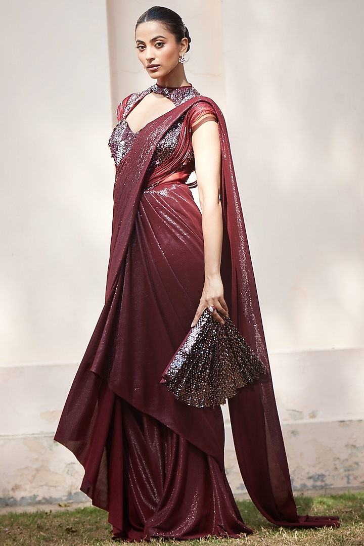 Wine Imported Metallic Lycra Embroidered Wedding Gown Saree by CP by Chandini and Priyanka at Pernia's Pop Up Shop