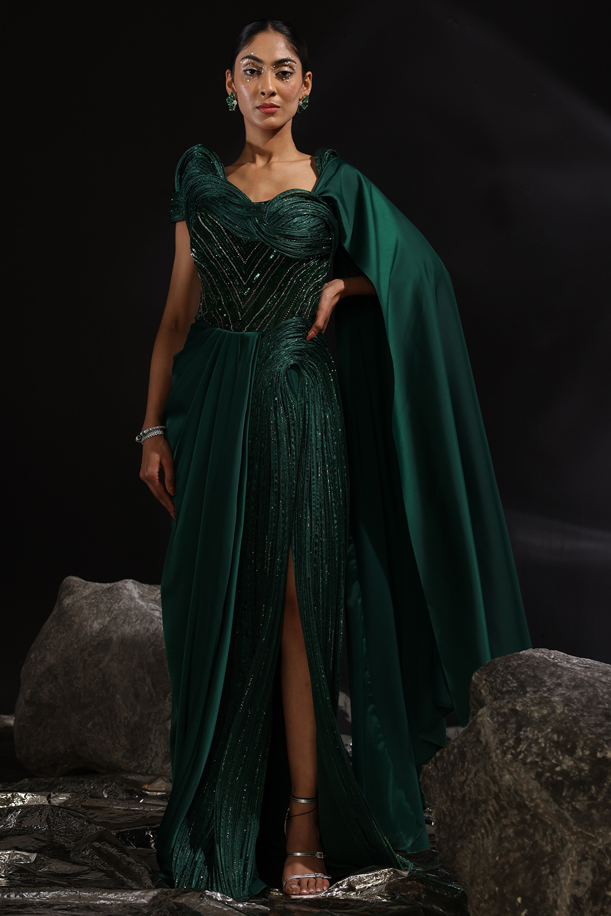 Forest Green Imported Satin Embroidered Pre-Draped Wedding Gown Saree by CP by Chandini and Priyanka at Pernia's Pop Up Shop