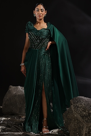 Forest Green Imported Satin Embroidered Pre-Draped Gown Saree by CP by Chandini and Priyanka