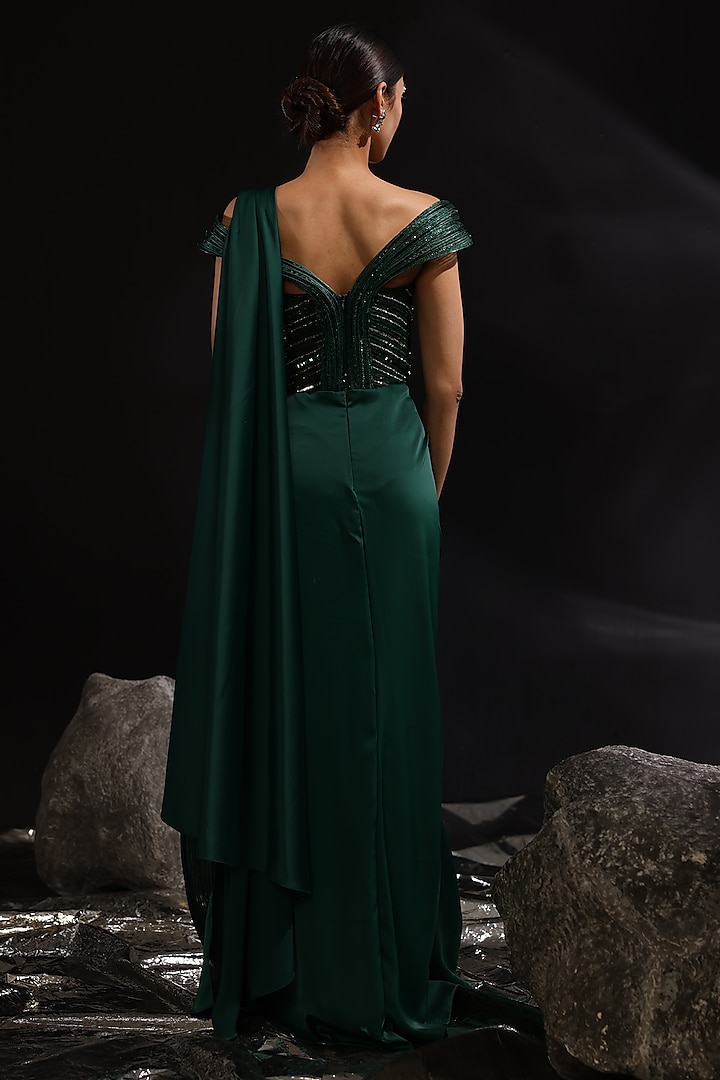 Forest Green Imported Satin Embroidered Pre-Draped Wedding Gown Saree by CP by Chandini and Priyanka at Pernia's Pop Up Shop