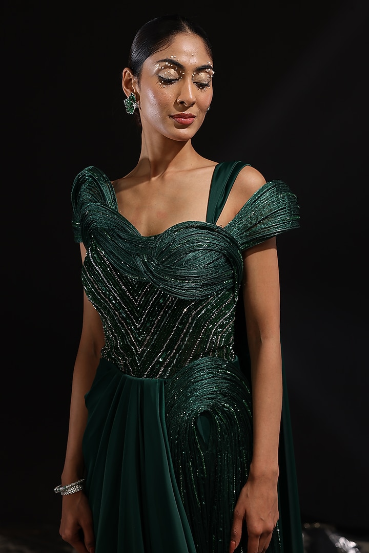 Forest Green Imported Satin Embroidered Pre-Draped Wedding Gown Saree by CP by Chandini and Priyanka at Pernia's Pop Up Shop