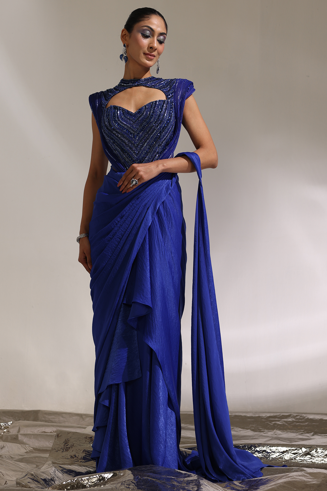 Abyss Blue Imported Satin Embroidered Pre-Draped Wedding Gown Saree by CP by Chandini and Priyanka at Pernia's Pop Up Shop