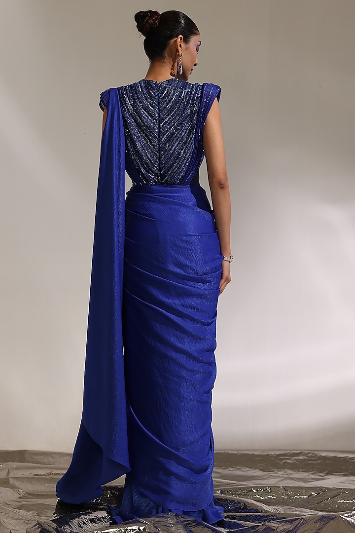 Abyss Blue Imported Satin Embroidered Pre-Draped Wedding Gown Saree by CP by Chandini and Priyanka at Pernia's Pop Up Shop