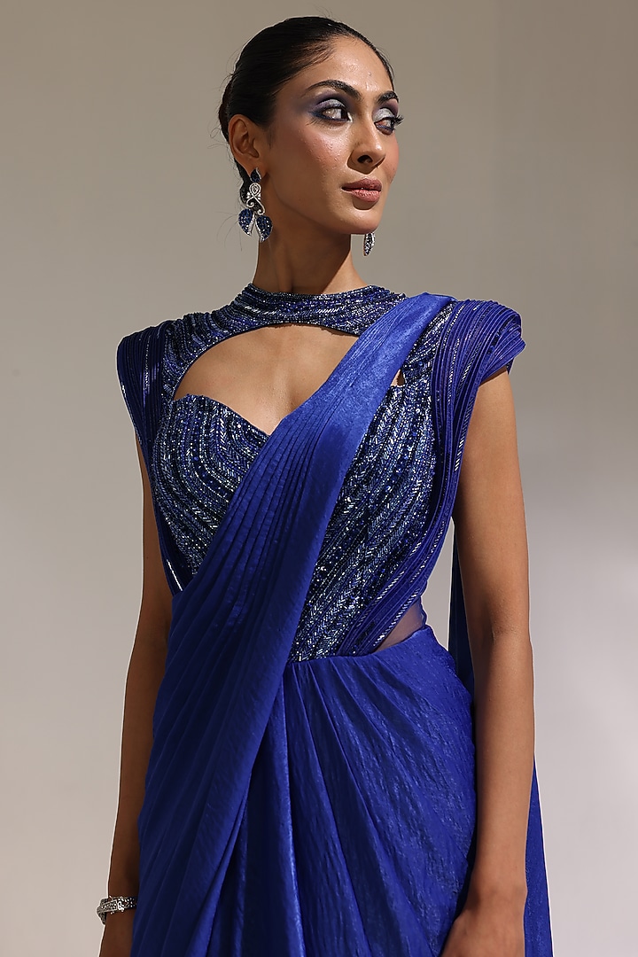 Abyss Blue Imported Satin Embroidered Pre-Draped Wedding Gown Saree by CP by Chandini and Priyanka at Pernia's Pop Up Shop