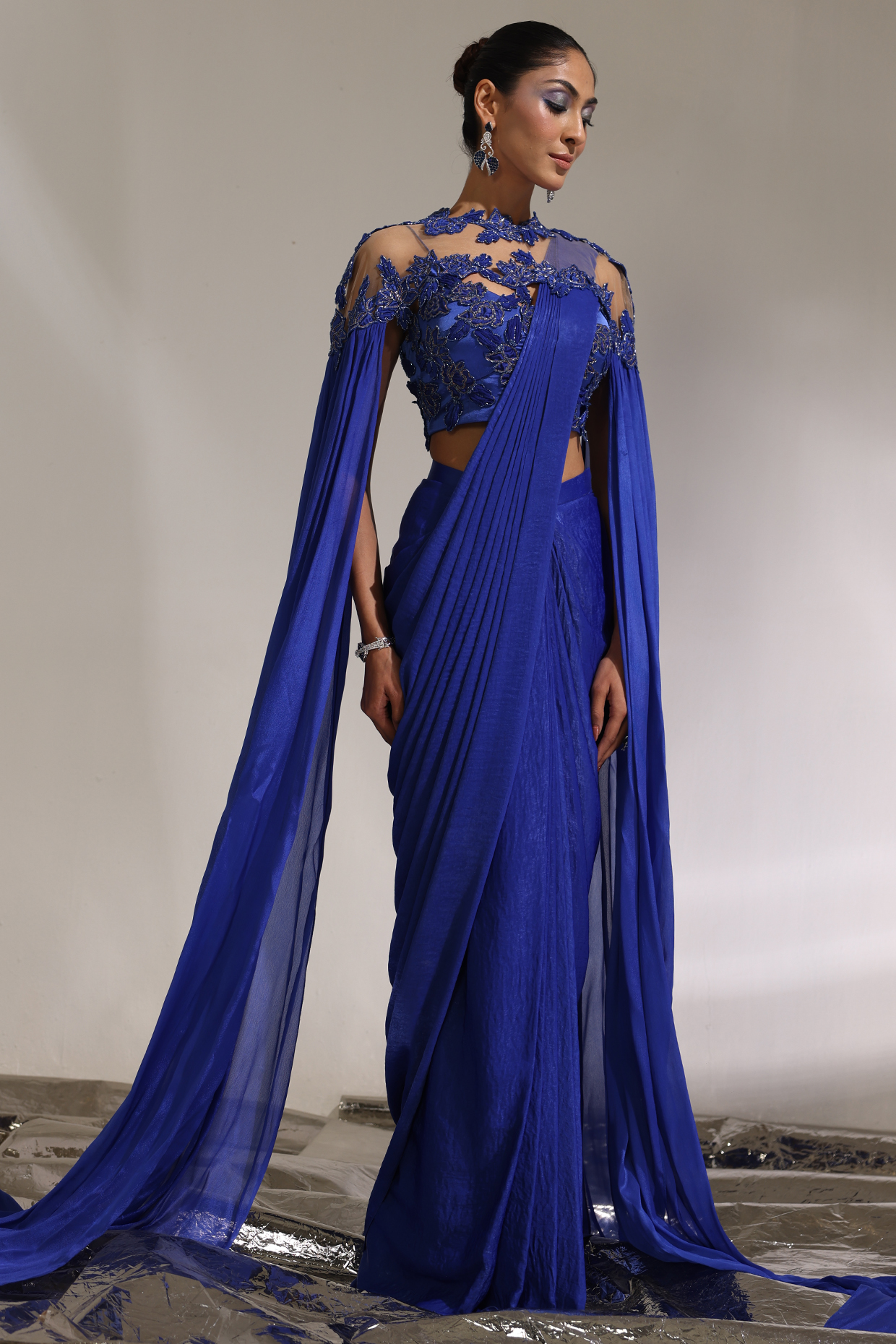 Abyss Blue Imported Satin Pre-Draped Jacket Wedding Saree Set by CP by Chandini and Priyanka at Pernia's Pop Up Shop