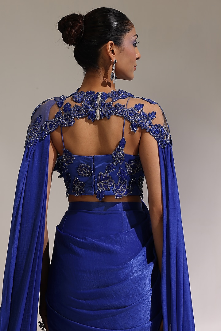 Abyss Blue Imported Satin Pre-Draped Jacket Wedding Saree Set by CP by Chandini and Priyanka at Pernia's Pop Up Shop