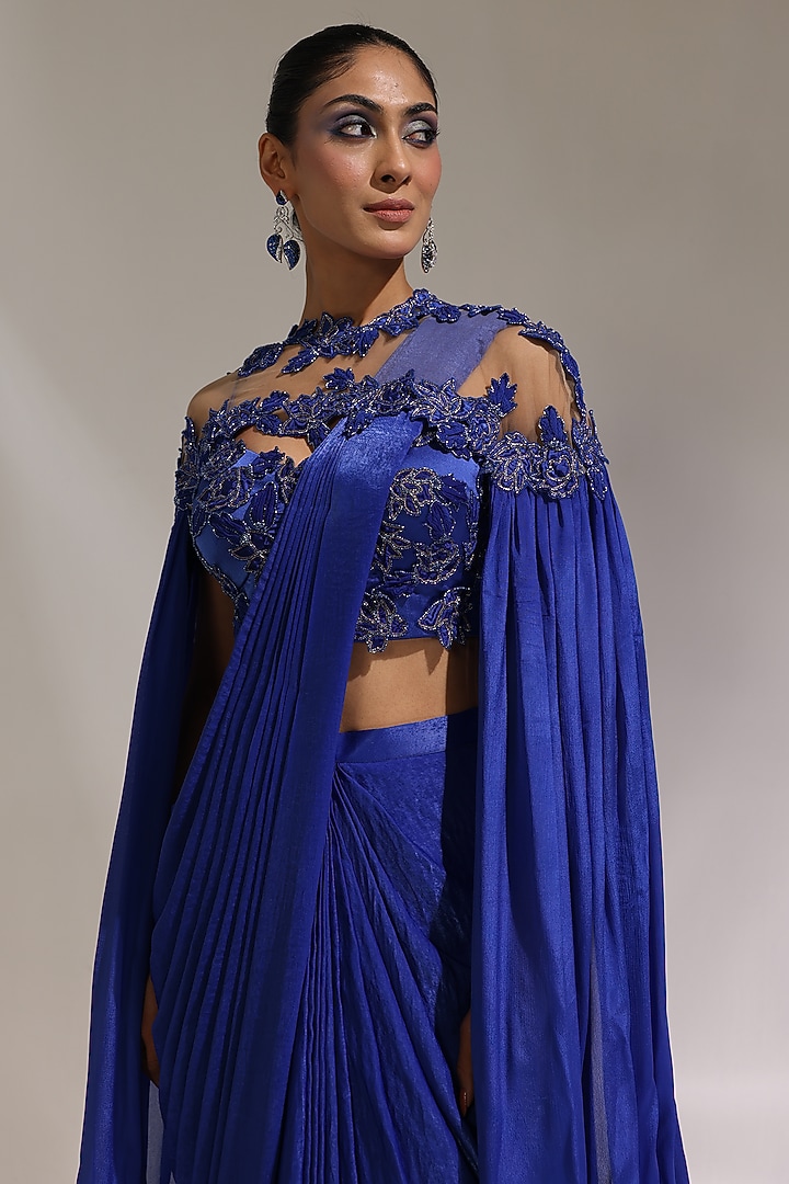 Abyss Blue Imported Satin Pre-Draped Jacket Wedding Saree Set by CP by Chandini and Priyanka at Pernia's Pop Up Shop