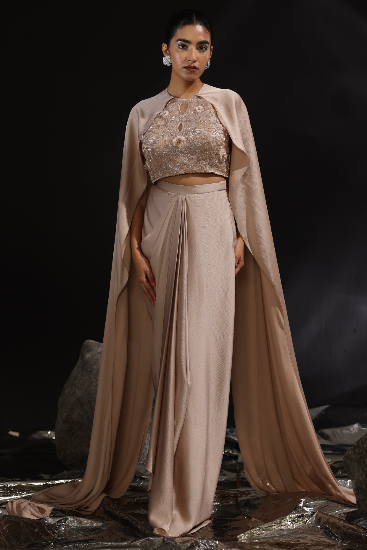 Mocha Colored Imported Satin Draped Skirt Set by CP by Chandini and Priyanka at Pernia's Pop Up Shop