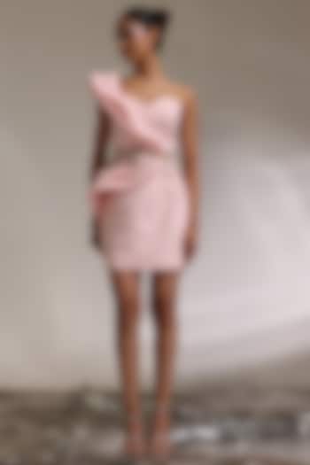 Blush Pink Rayon Viscose Embroidered One-Shoulder Mini Vacation Dress by CP by Chandini and Priyanka at Pernia's Pop Up Shop