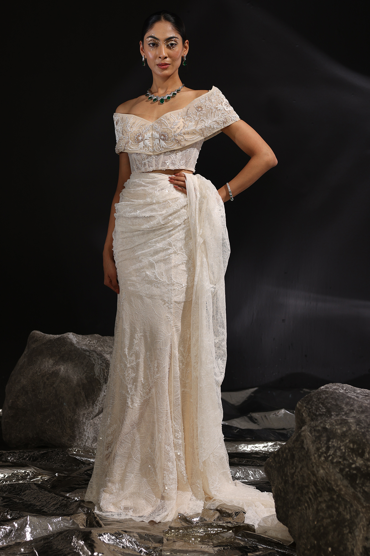 Ivory Viscose Net Pre-Draped Wedding Saree Set by CP by Chandini and Priyanka at Pernia's Pop Up Shop