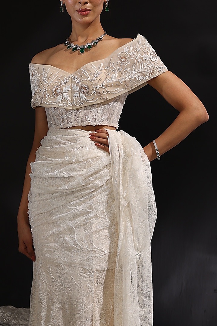 Ivory Viscose Net Pre-Draped Wedding Saree Set by CP by Chandini and Priyanka at Pernia's Pop Up Shop