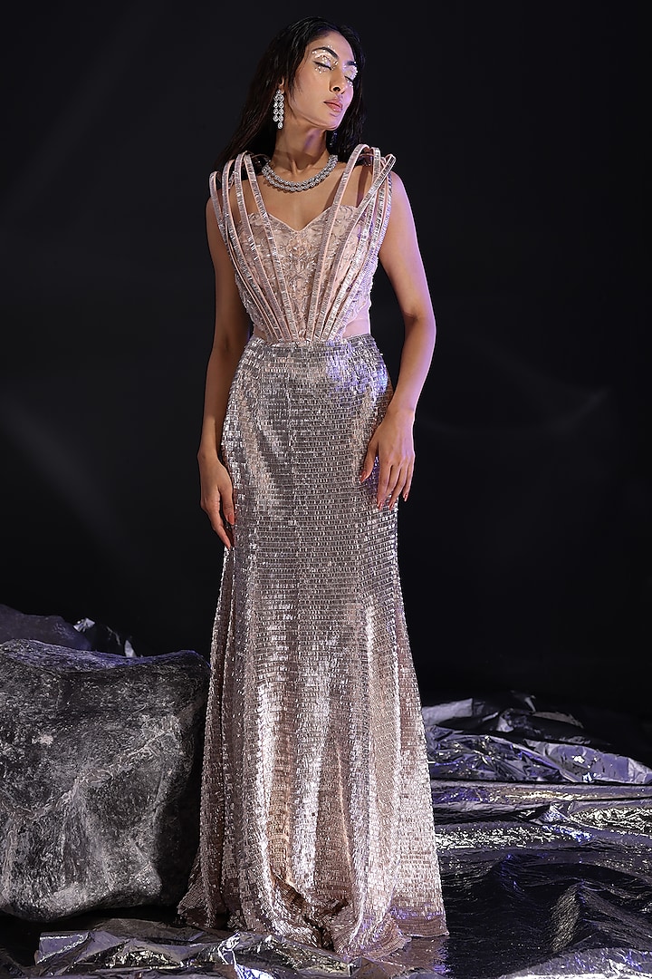 Blush Pink & Champagne Embroidered Corset Engagement Gown by CP by Chandini and Priyanka at Pernia's Pop Up Shop