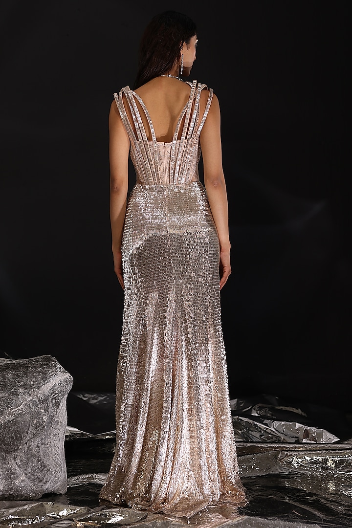 Blush Pink & Champagne Embroidered Corset Engagement Gown by CP by Chandini and Priyanka at Pernia's Pop Up Shop