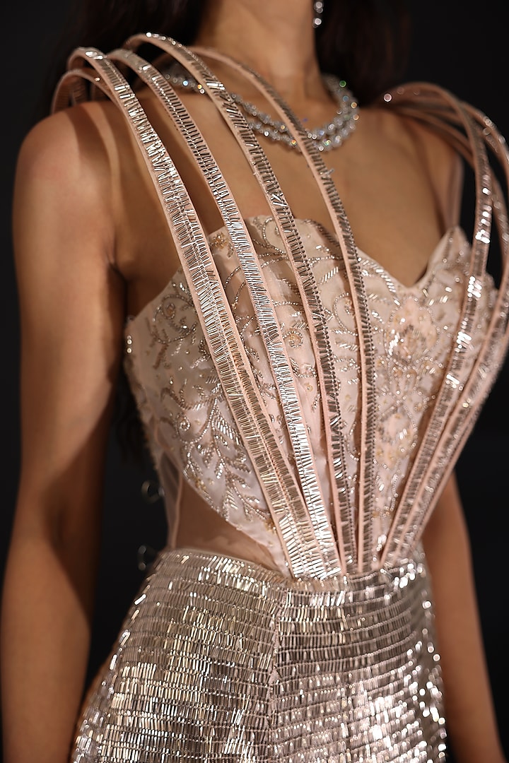 Blush Pink & Champagne Embroidered Corset Engagement Gown by CP by Chandini and Priyanka at Pernia's Pop Up Shop