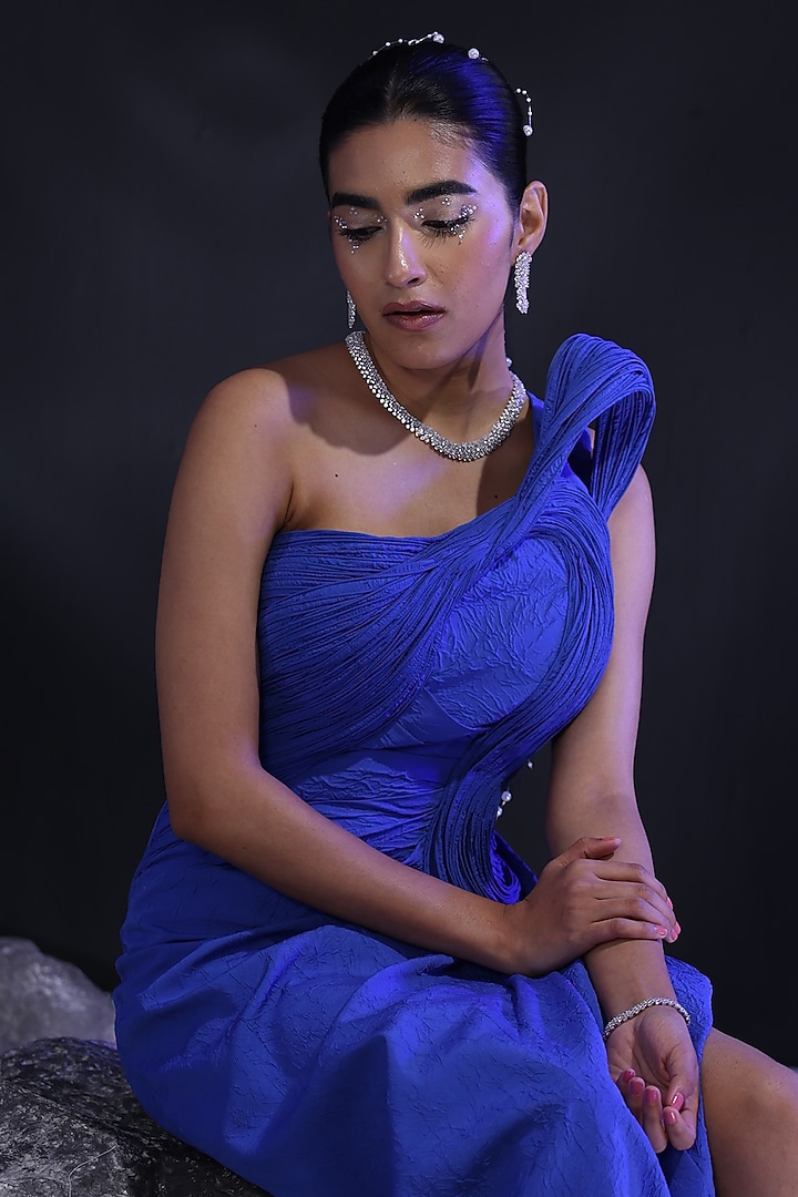 Abyss Blue Rayon Viscose One-Shoulder Engagement Gown by CP by Chandini and Priyanka at Pernia's Pop Up Shop