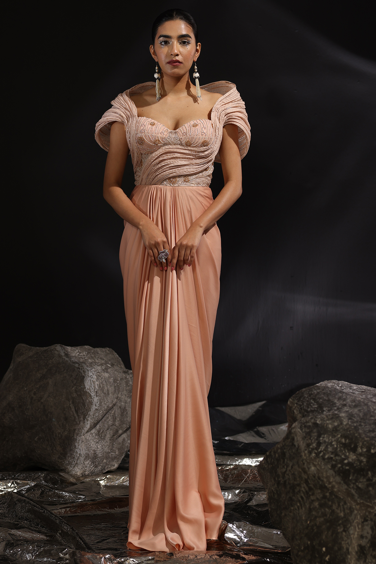 Peach Imported Satin Embroidered Pre-Draped Wedding Gown Saree by CP by Chandini and Priyanka at Pernia's Pop Up Shop