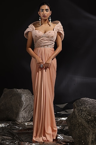 Peach Imported Satin Embroidered Pre-Draped Gown Saree by CP by Chandini and Priyanka