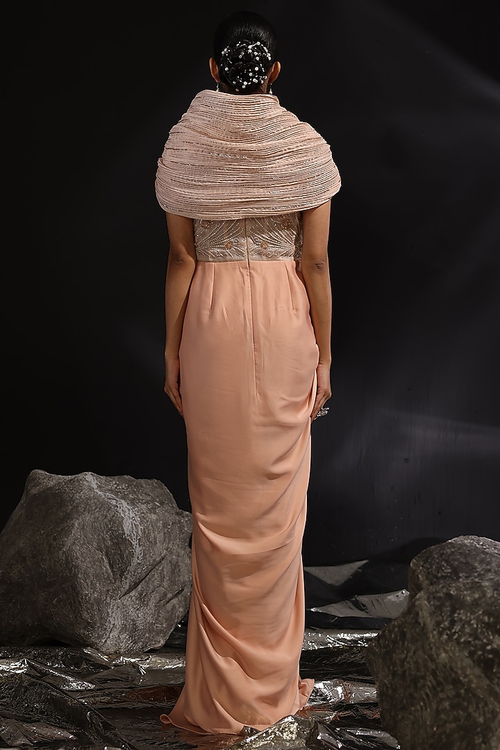 Peach Imported Satin Embroidered Pre-Draped Wedding Gown Saree by CP by Chandini and Priyanka at Pernia's Pop Up Shop